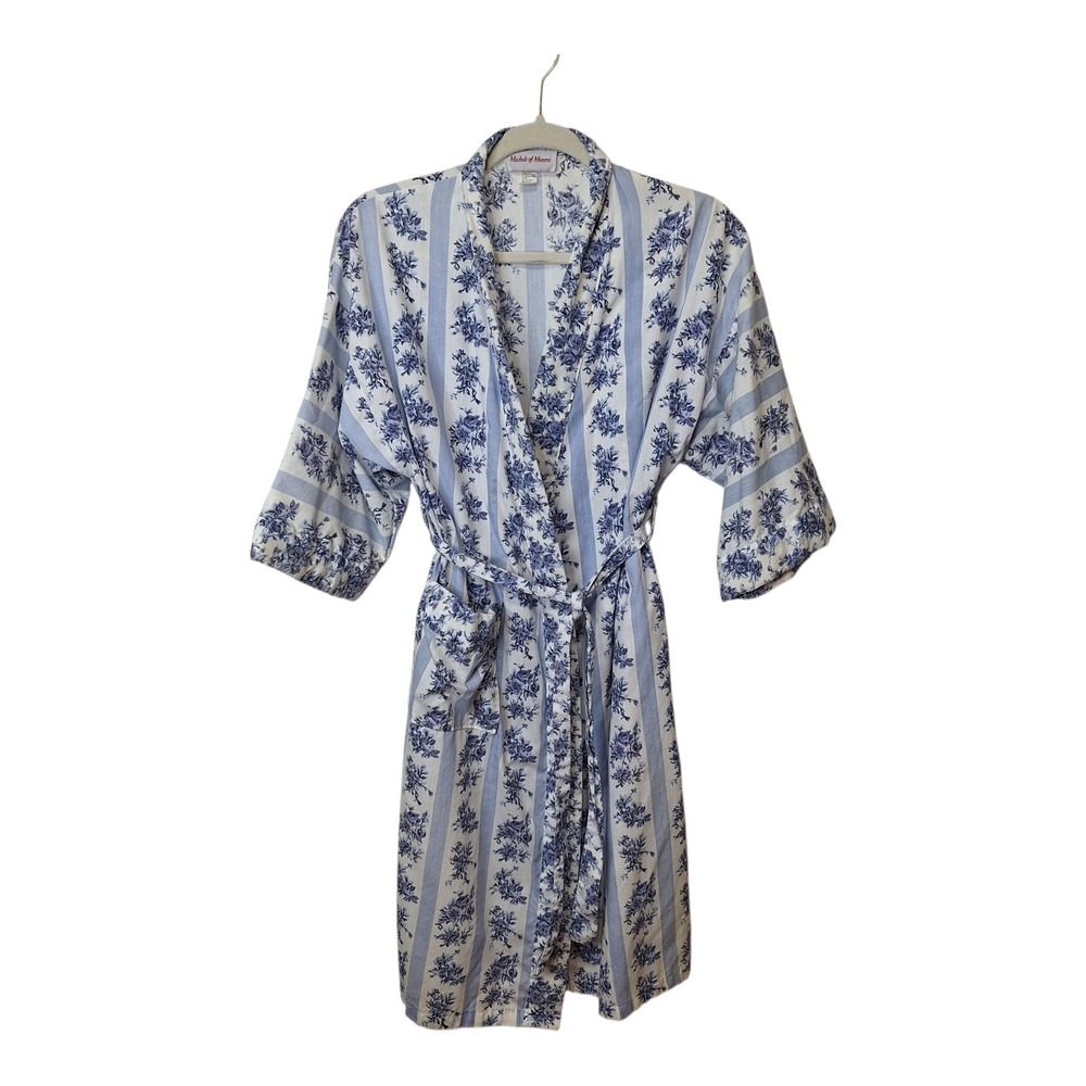 Michele of Miami Womens Size S Belted Robe Blue Floral Cotton‎ Polyester Vintage